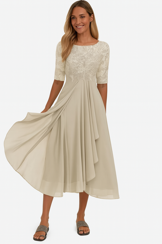 Elegant lace chiffon short-sleeve midi dress for women | Vera -1