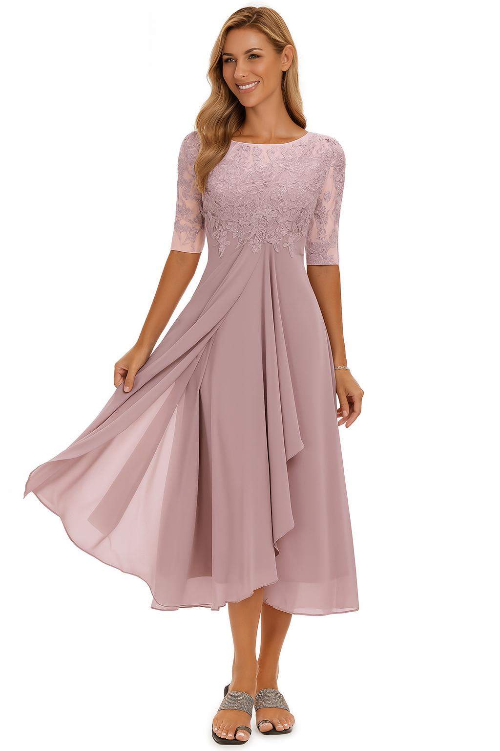 Elegant lace chiffon short-sleeve midi dress for women | Vera -2