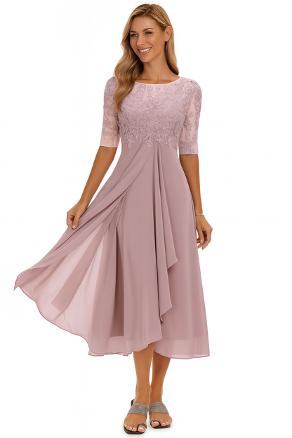 Elegant lace chiffon short-sleeve midi dress for women | Vera -2