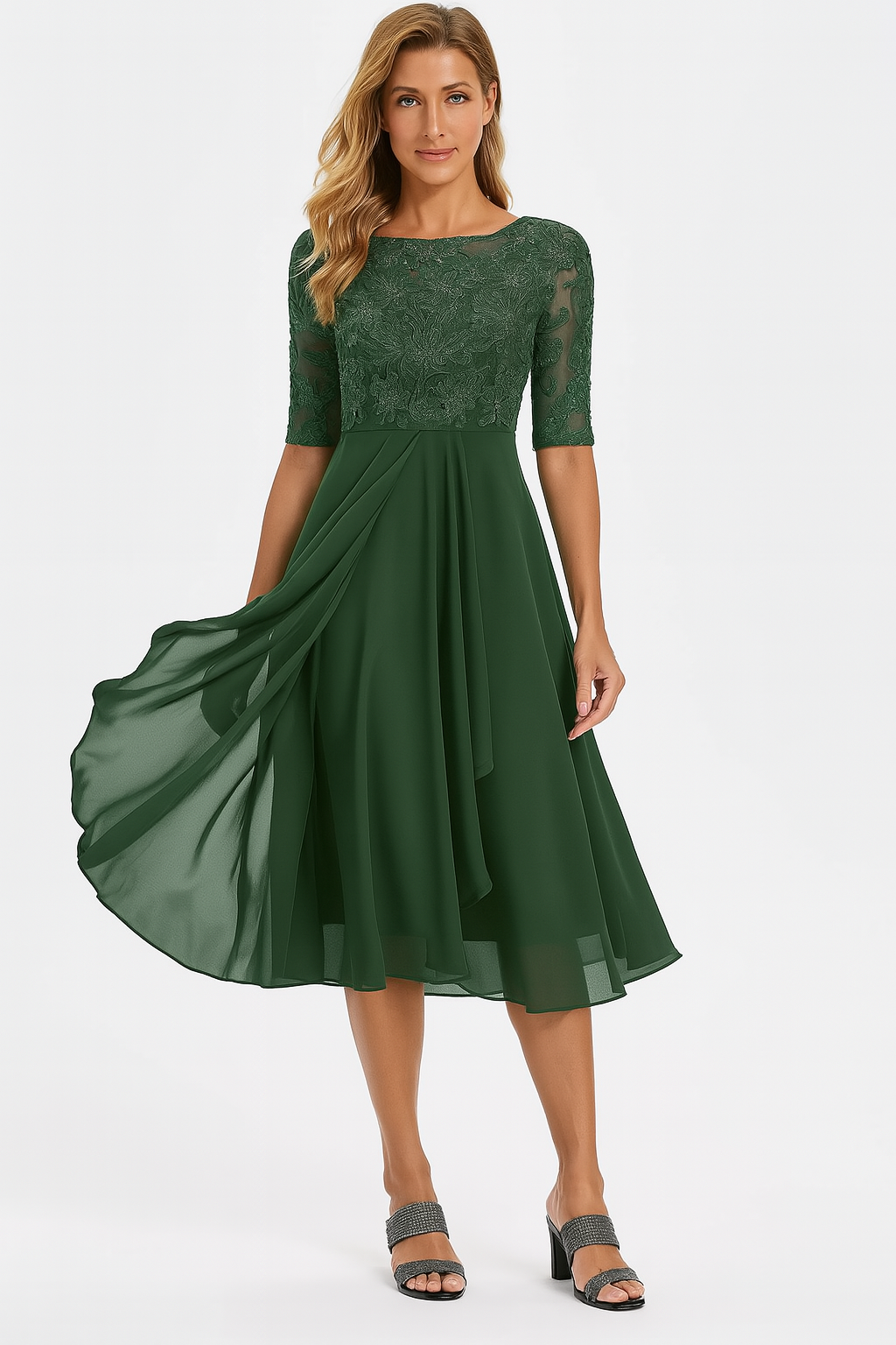 Elegant lace chiffon short-sleeve midi dress for women | Vera -3