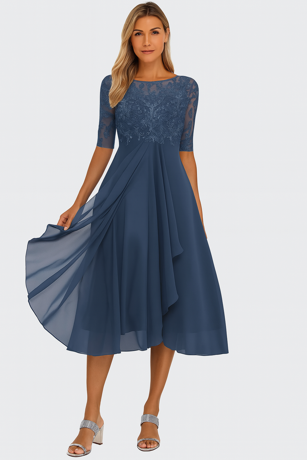 Elegant lace chiffon short-sleeve midi dress for women | Vera -4