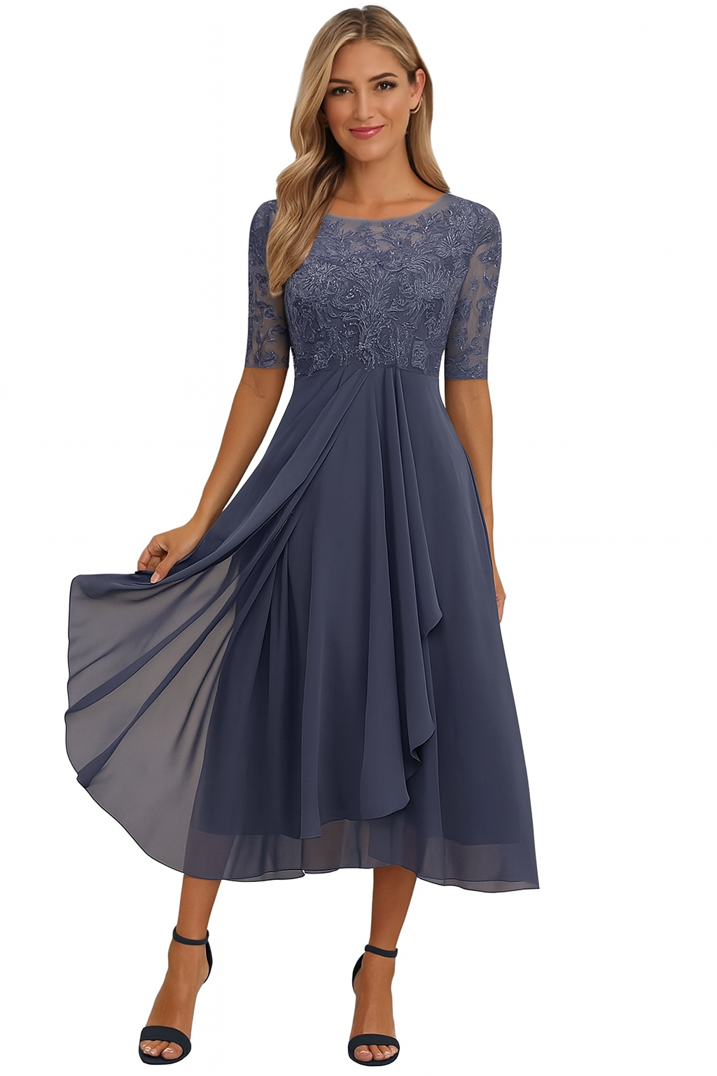 Elegant lace chiffon short-sleeve midi dress for women | Vera -5