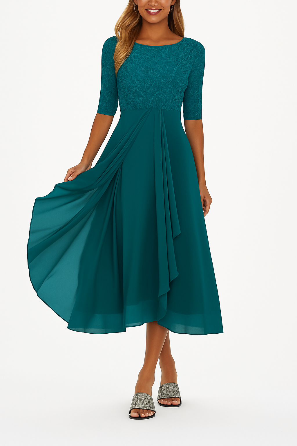 Elegant lace chiffon short-sleeve midi dress for women | Vera -6