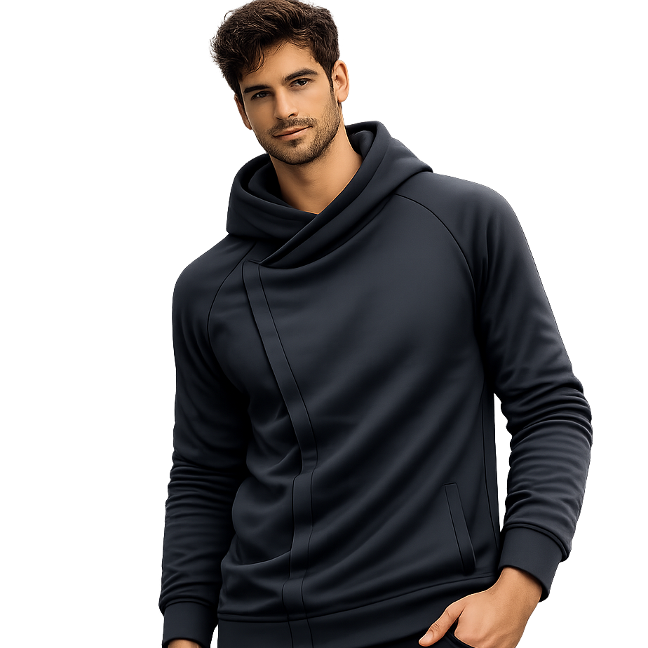Asymmetric zip hoodie with sculpted crossover hood design for men | Crossover