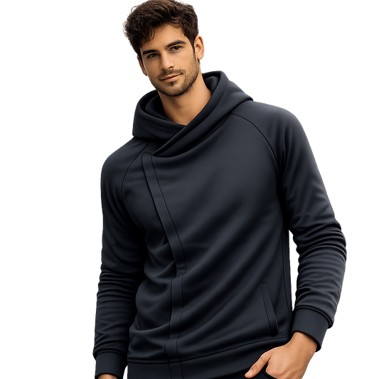 Asymmetric zip hoodie with sculpted crossover hood design for men | Crossover
