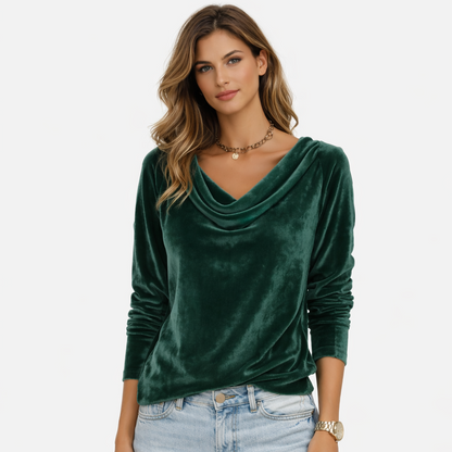 Elegant velvet drape neck top with relaxed silhouette for women | Margaret