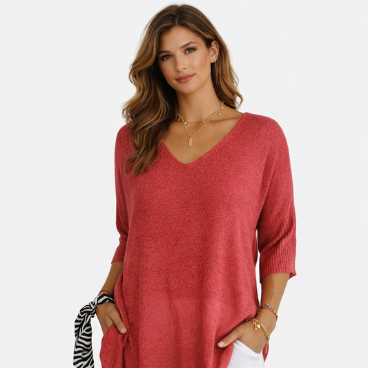 V-neck lightweight knit top with three-quarter sleeves for women | Maren