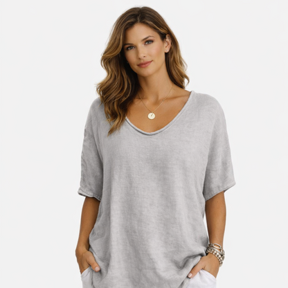 Relaxed scoop neck tee with curved hem for women | Kaia