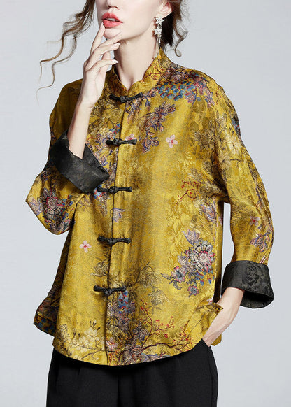 Elegant stand-collar print silk coat for women -1