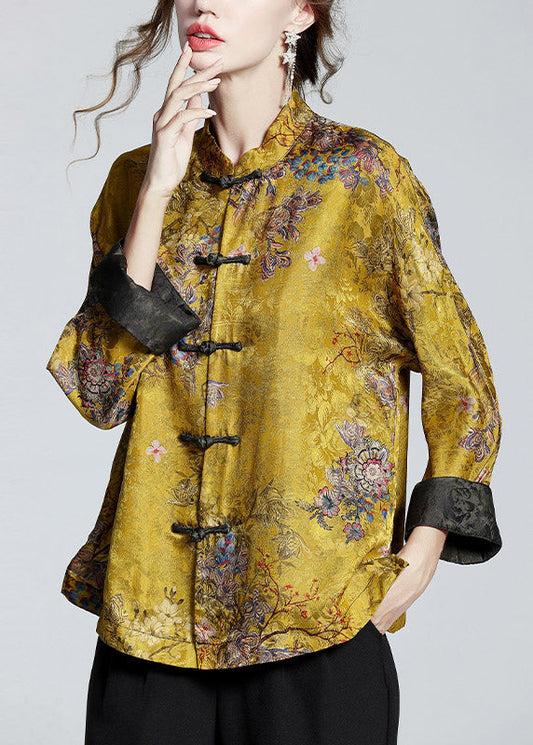 Elegant stand-collar print silk coat for women -1