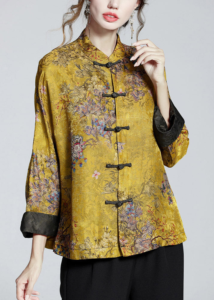 Elegant stand-collar print silk coat for women -2