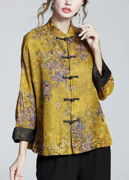 Elegant stand-collar print silk coat for women -2