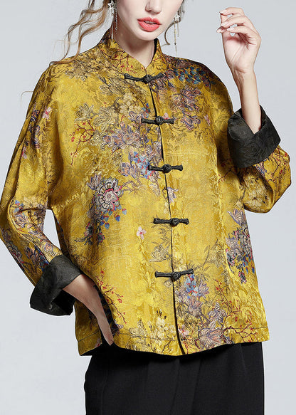 Elegant stand-collar print silk coat for women -3