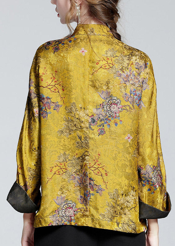 Elegant stand-collar print silk coat for women -5