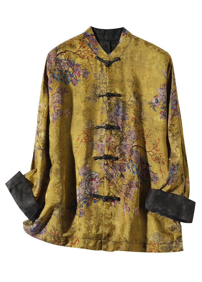 Elegant stand-collar print silk coat for women -6