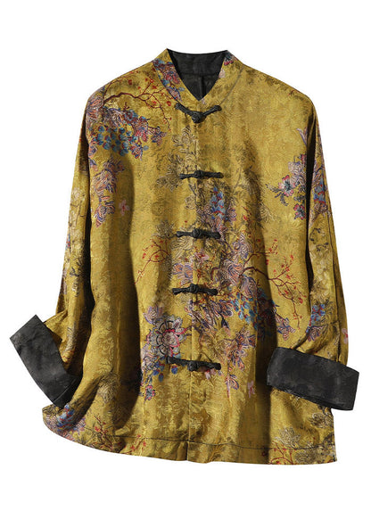 Elegant stand-collar print silk coat for women -6