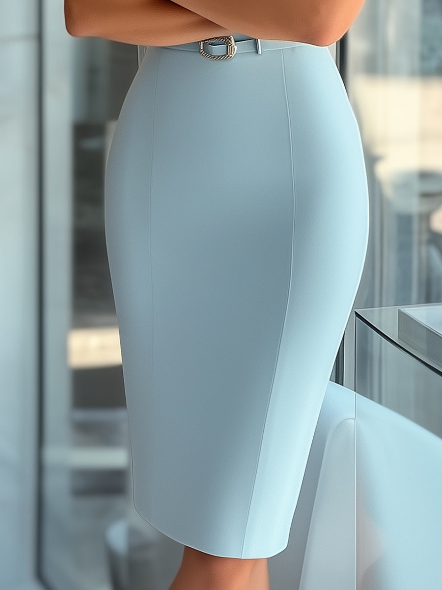 Sleek Sky Blue Asymmetrical Dress with Belt for women | Lumiere Belle
