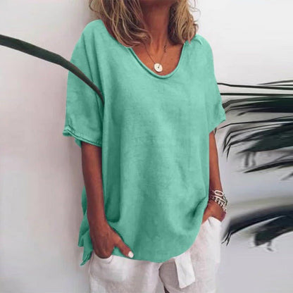 Relaxed scoop neck tee with curved hem for women | Kaia