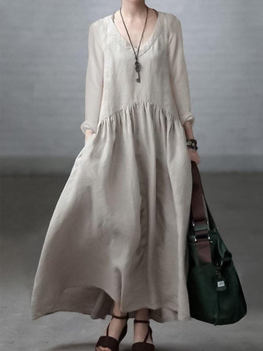 Relaxed v-neck linen casual dress for women -1