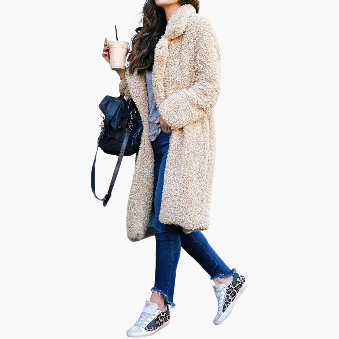 Long wide-collar teddy coat for women -2