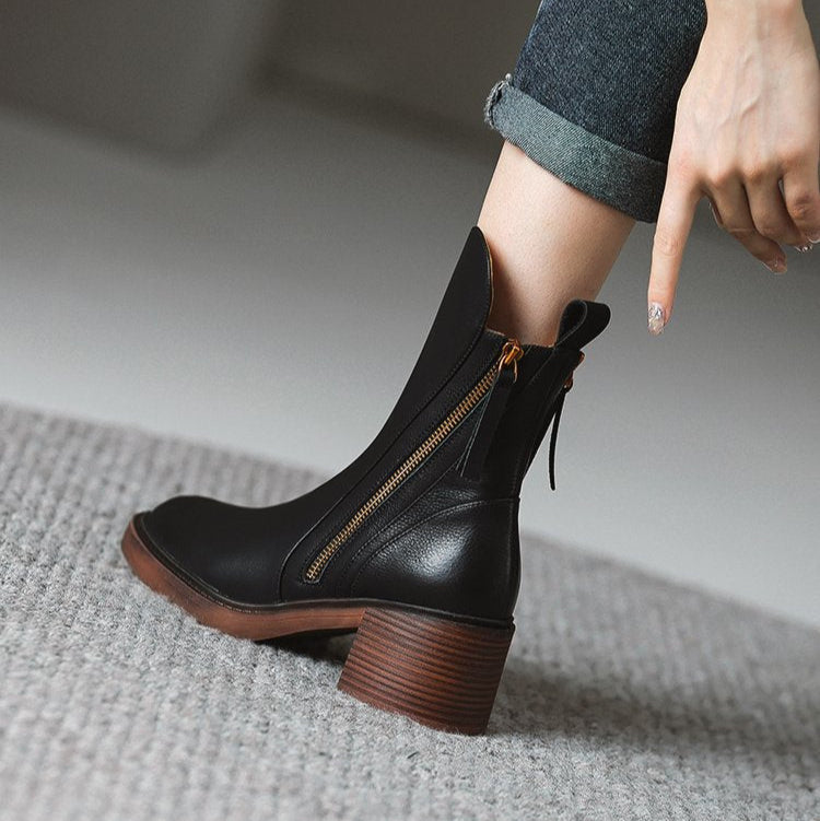 Elegant block heel leather ankle boots for women | Selene -7