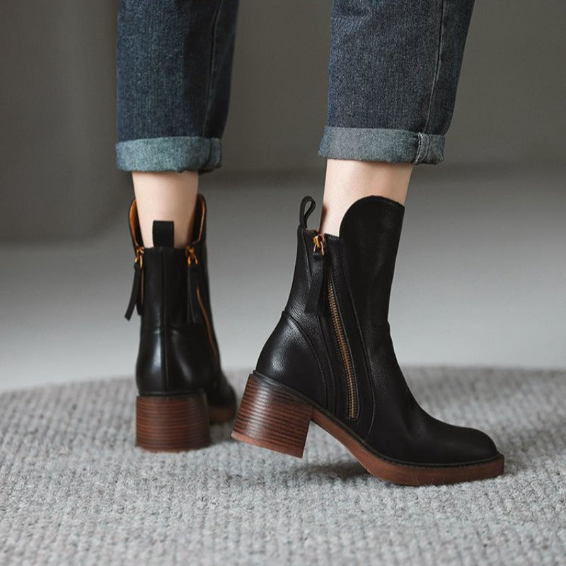 Elegant block heel leather ankle boots for women | Selene -8