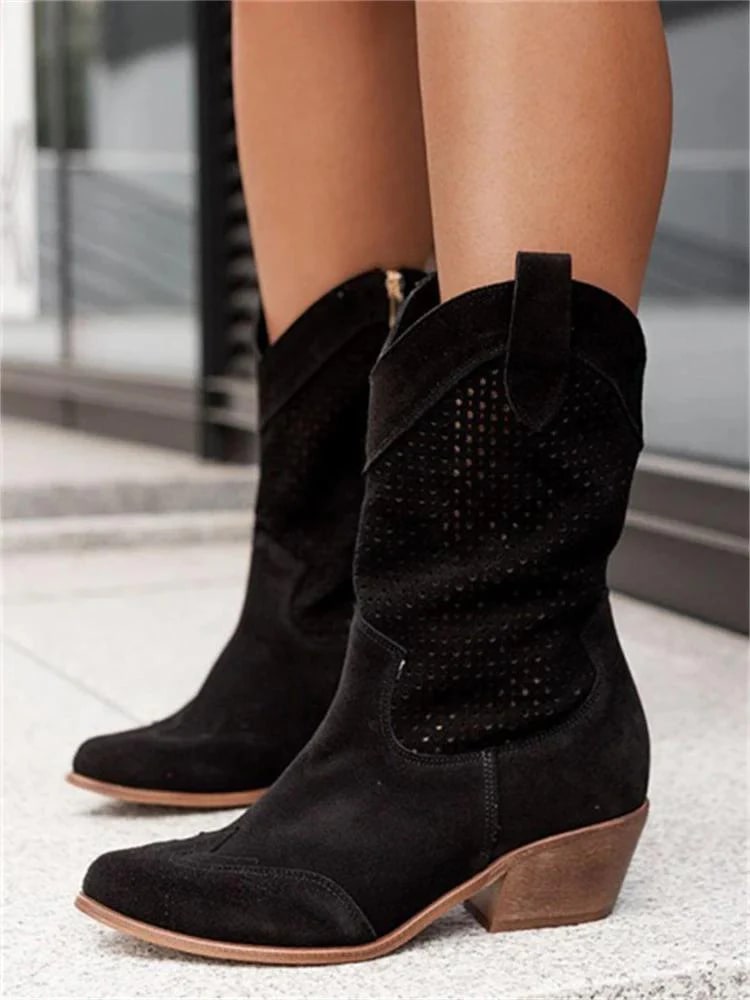 Perforated Western ankle boots with block heel for women | Sierra