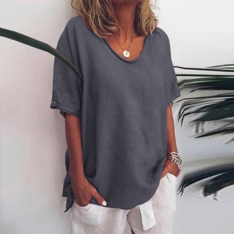 Relaxed scoop neck tee with curved hem for women | Kaia