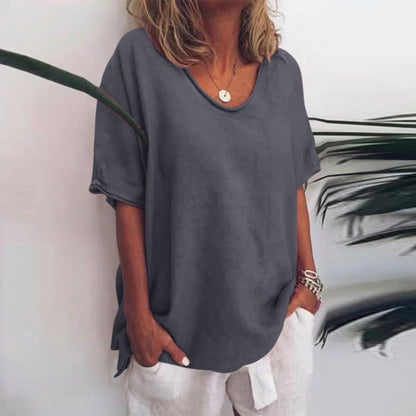 Relaxed scoop neck tee with curved hem for women | Kaia