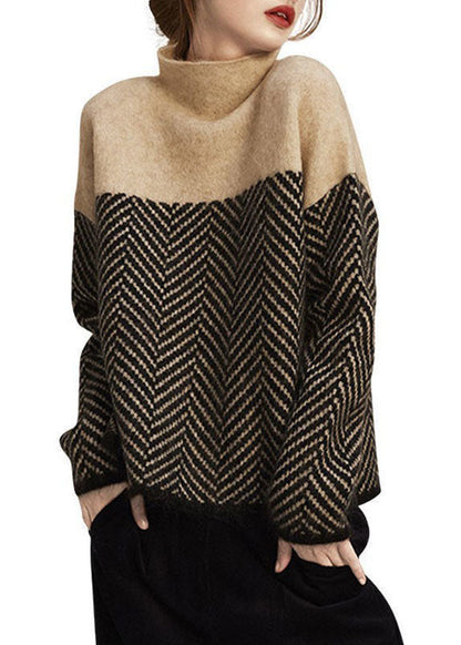 Cosy turtleneck patchwork knit pullover for women -2