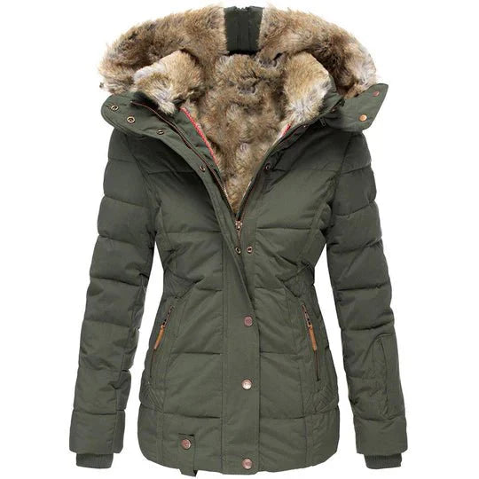 Faux fur trimmed parka with adjustable waist for women | Elowen