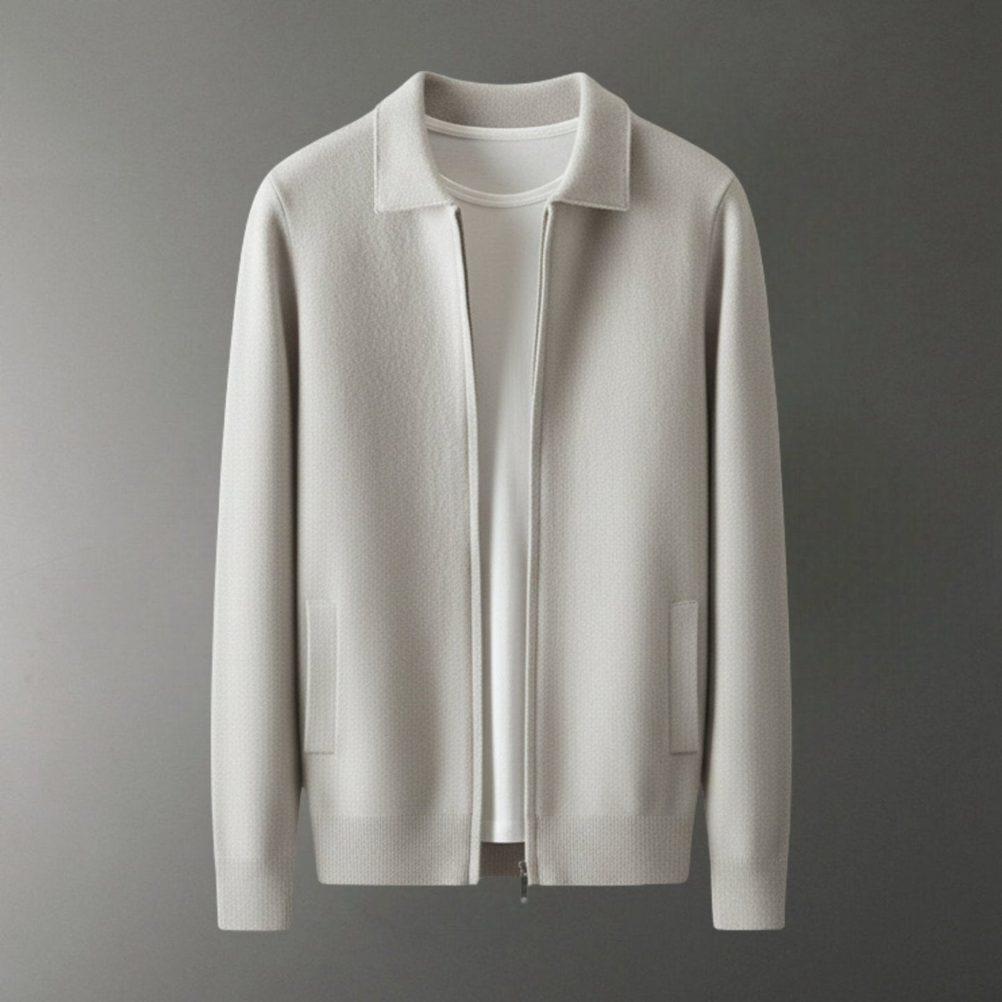 Refined zip up knit jacket with structured collar for men | Valenor