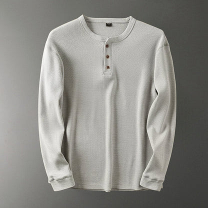 Relaxed fit waffle knit henley long sleeve top for men | Ardin