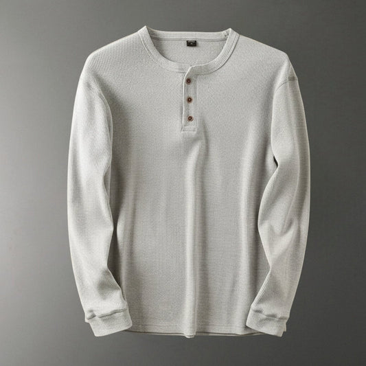 Relaxed fit waffle knit henley long sleeve top for men | Ardin