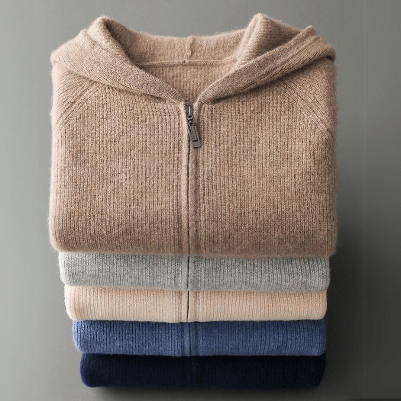 Lightweight full zip knit hoodie with ribbed trim for men | Orvane