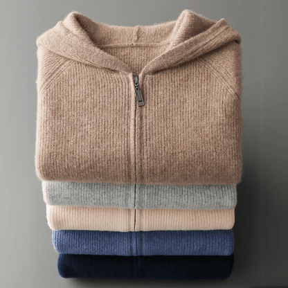 Lightweight full zip knit hoodie with ribbed trim for men | Orvane