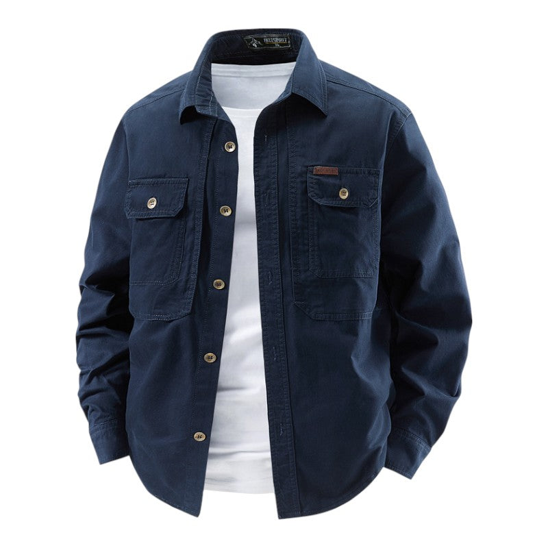 Structured button front work shirt with dual chest pockets for men | Halden