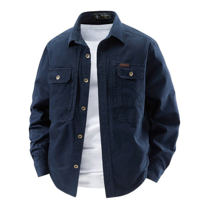 Structured button front work shirt with dual chest pockets for men | Halden