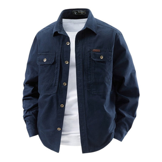 Structured button front work shirt with dual chest pockets for men | Halden
