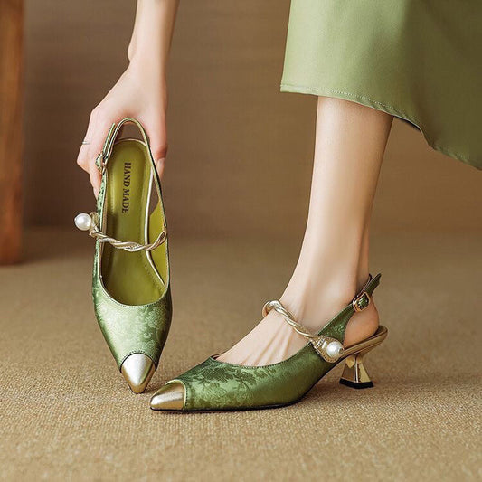 Vintage Pearl Strap Kitten Heel Pumps for women | Elowara