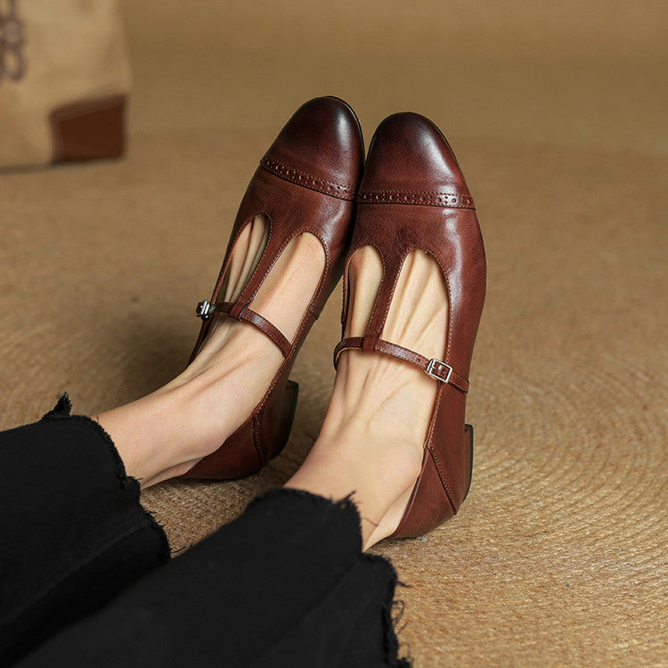 Classic T Strap Brogue Flat Shoes for women | Mireva