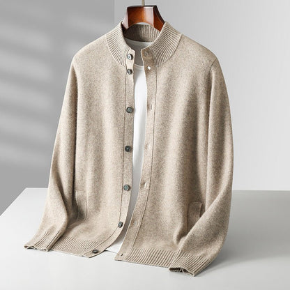 Refined button front knit jacket with ribbed detailing for men | Caelric