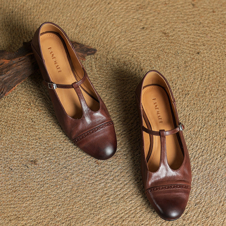 Classic T Strap Brogue Flat Shoes for women | Mireva