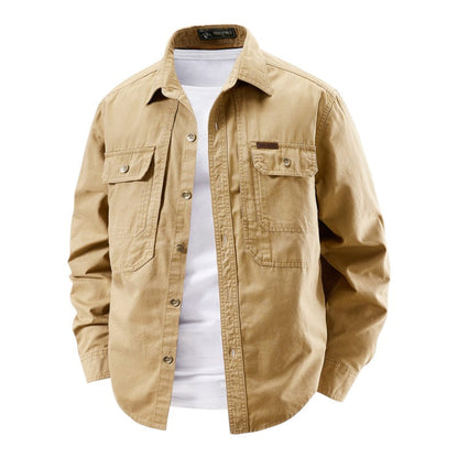 Structured button front work shirt with dual chest pockets for men | Halden
