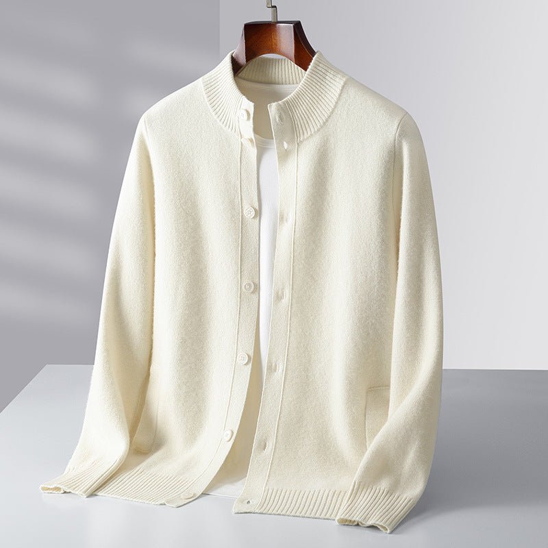 Refined button front knit jacket with ribbed detailing for men | Caelric