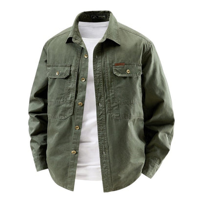 Structured button front work shirt with dual chest pockets for men | Halden