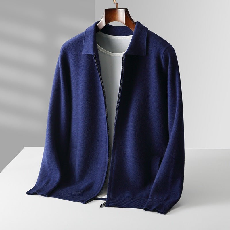 Refined zip up knit jacket with structured collar for men | Valenor