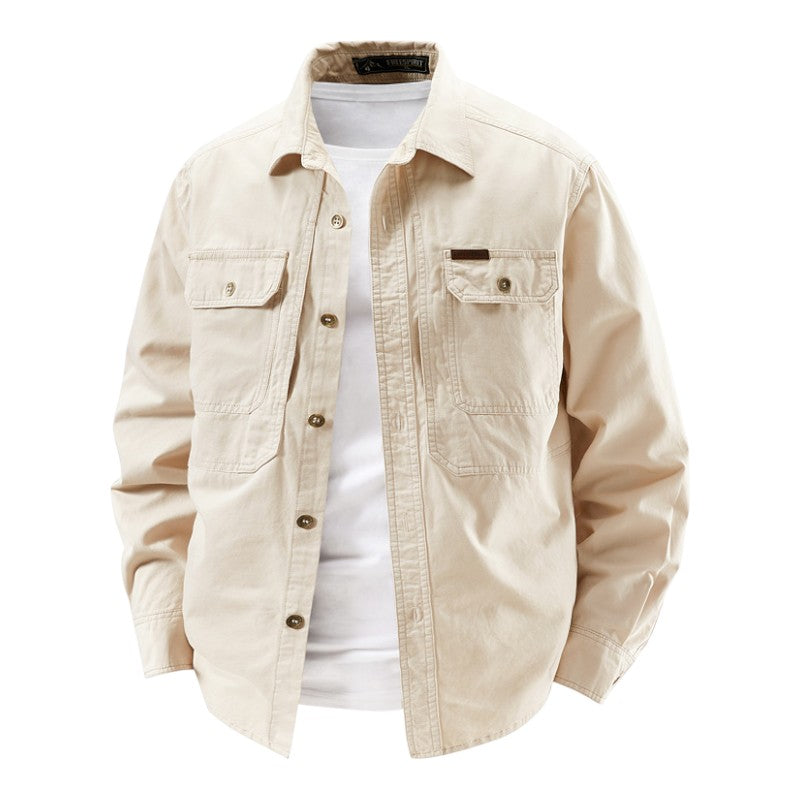 Structured button front work shirt with dual chest pockets for men | Halden