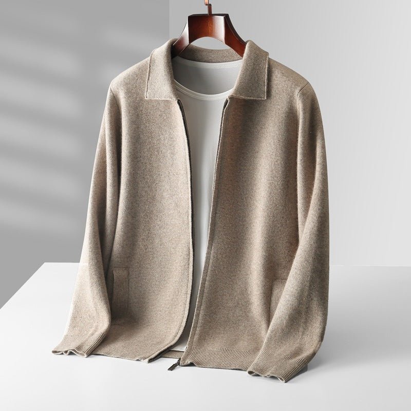 Refined zip up knit jacket with structured collar for men | Valenor