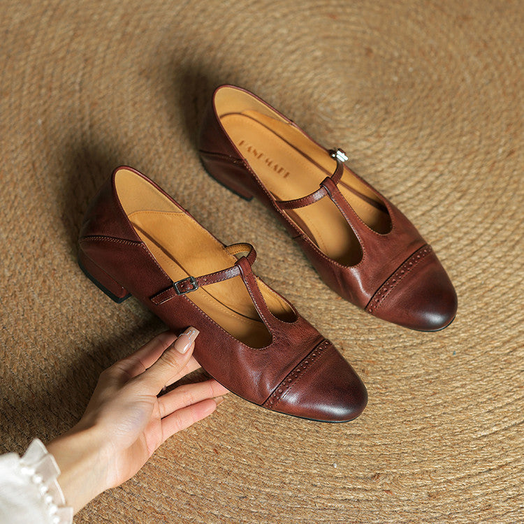 Classic T Strap Brogue Flat Shoes for women | Mireva